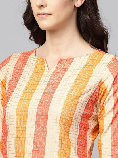 Orange Sweetheart Neck Three Quarter Sleeve Striped, Checkered Straight Kurta