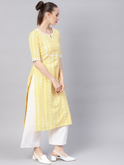 White Yellow Keyhole Neck Printed Straight Kurta