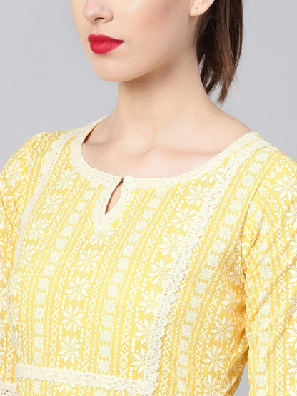 White Yellow Keyhole Neck Printed Straight Kurta