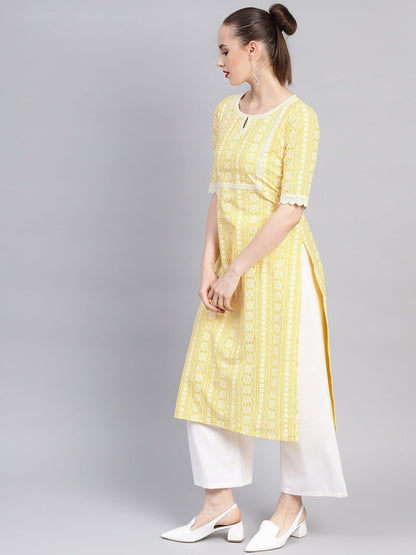 White Yellow Keyhole Neck Printed Straight Kurta