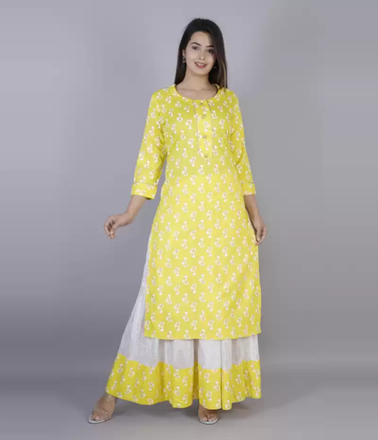 Round Neck Floral Print Kurta and Skirt Set