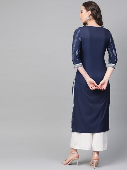 Blue Round Neck Three Quarter Sleeve Printed Straight Kurta