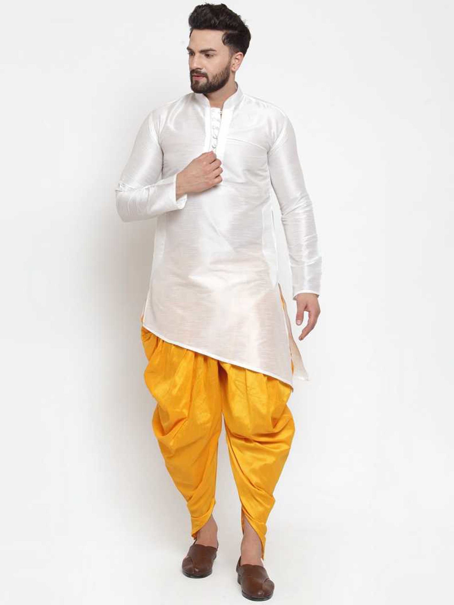 Mandarin Collar Silk Kurta and Dhoti Pant Set