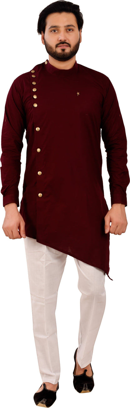 Full Sleeve Mandarin Collar Solid Asymmetric Kurta