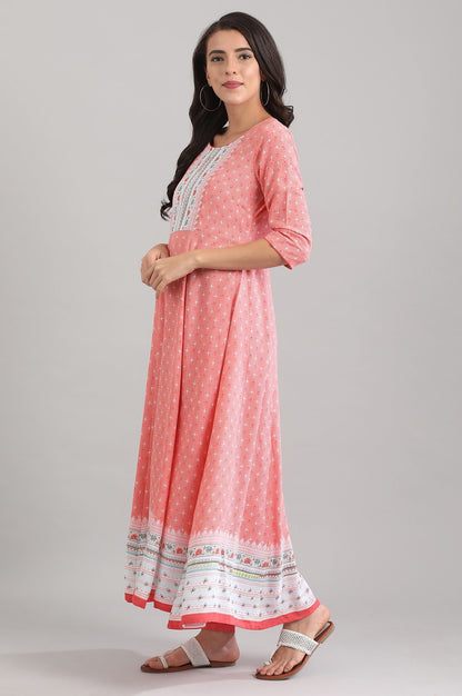 Pink Round Neck Three Fourth Sleeve Floral Print A-line Kurta