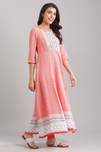 Pink Round Neck Three Fourth Sleeve Floral Print A-line Kurta