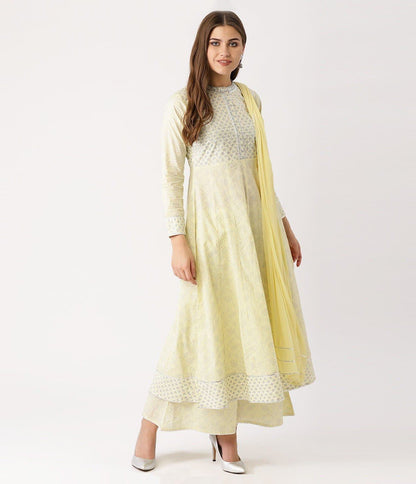 Yellow Cotton Blend Printed Kurta and Salwar Palazzo Set