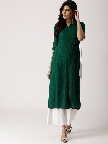 Green Asymmetric Neck Half Sleeve Embellished Straight Kurta