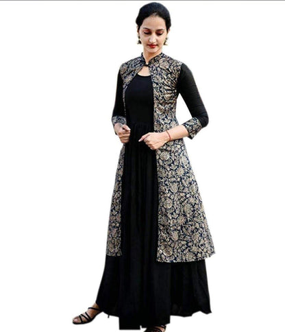 Black Mandarin Collar Printed Ethnic Jacket and Kurta Set