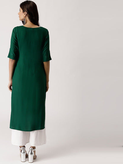 Green Asymmetric Neck Half Sleeve Embellished Straight Kurta