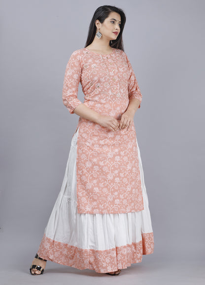 Orange White Round Neck Printed Kurta and Palazzo Set