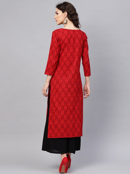 Red Sweetheart Neck Three Fourth Sleeve Printed Straight Kurta