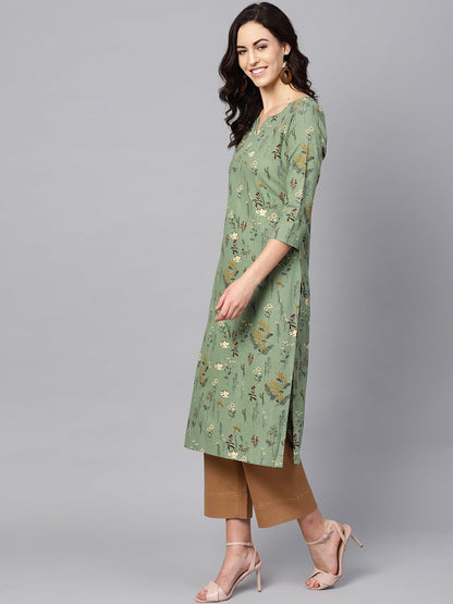 Green Sweetheart Neck Three Quarter Sleeve Printed Straight Kurta