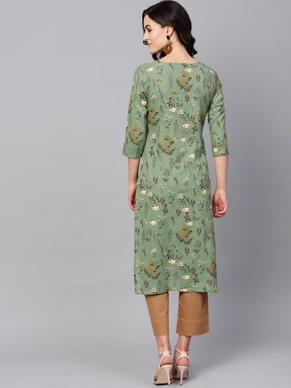 Green Sweetheart Neck Three Quarter Sleeve Printed Straight Kurta