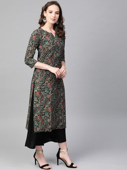 Sweetheart Neck Three Fourth Sleeve Calf Length Printed Straight Kurta