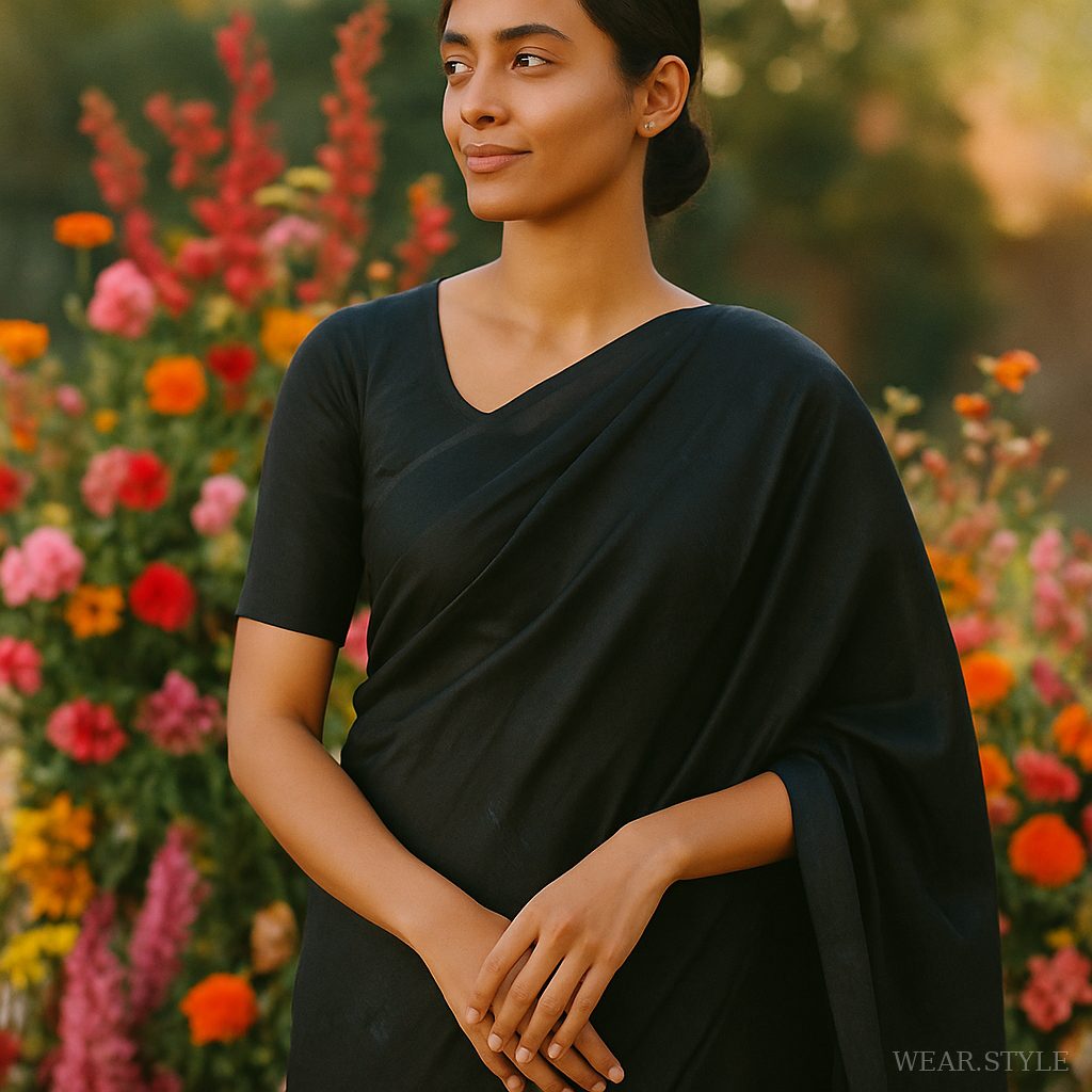 Indian female model in Raw Mango saree at London Fashion Week, glowing in golden hour light.