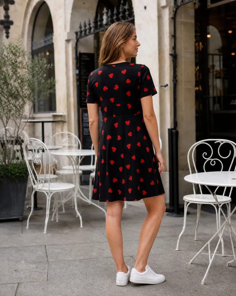 Short Sleeve Novelty Heart Print Panelled A-Line Dress