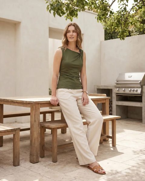 Women Sleeveless Asymmetric Neck Shoulder Knot Top