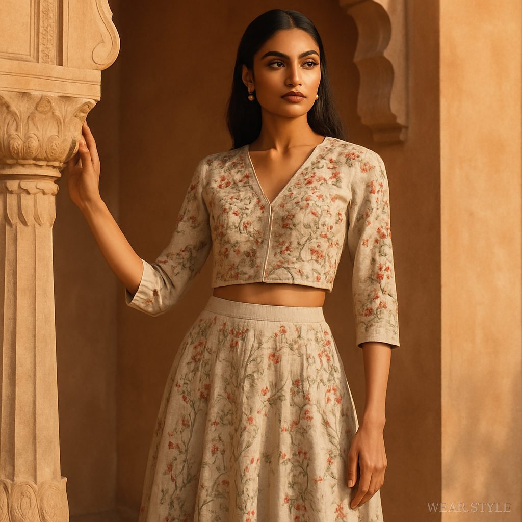 Indian model in a linen co-ord set near traditional architecture, blending culture with modernity.