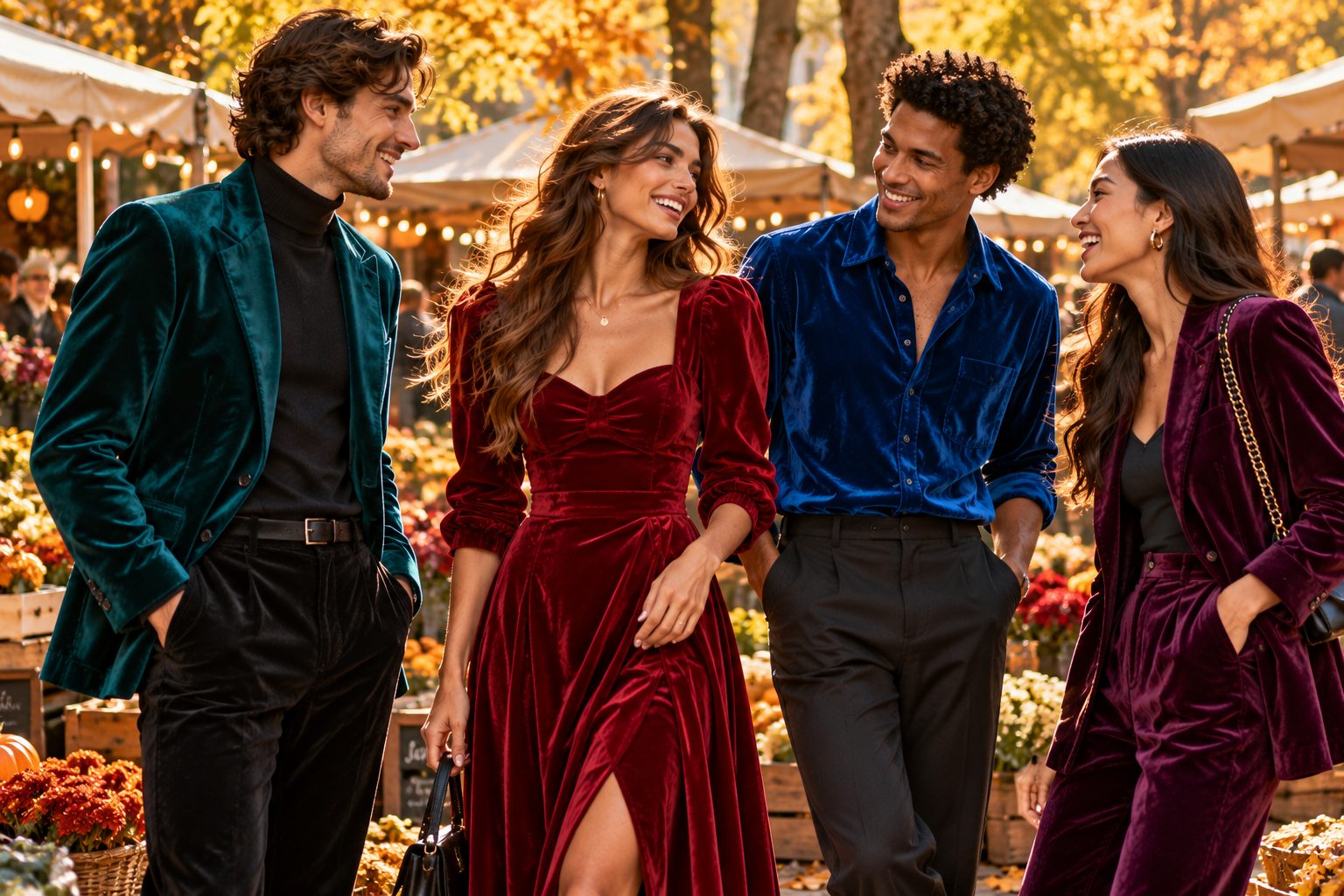 Diverse models in vibrant velvet outfits, outdoor market setting, warm sunlight filtering through trees.