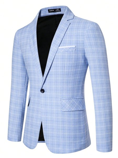 Blue Plaid Print Single Button Lapel Blazer