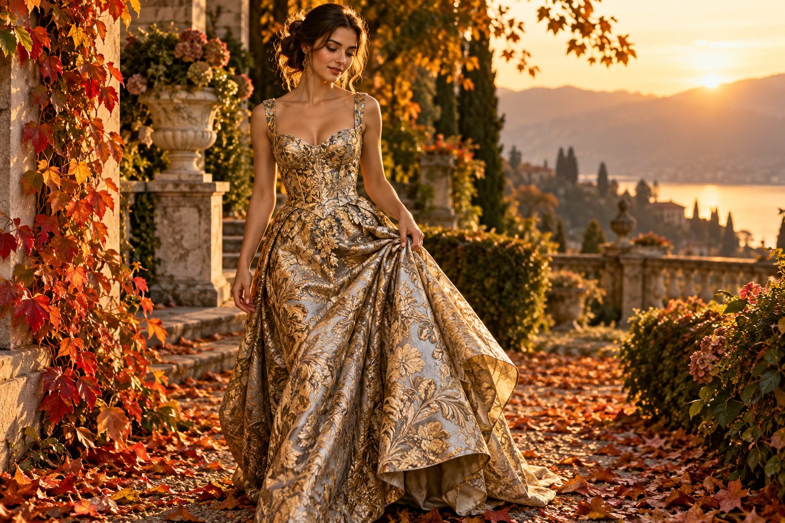 A woman in a gold brocade gown walking in an autumn garden during golden hour.