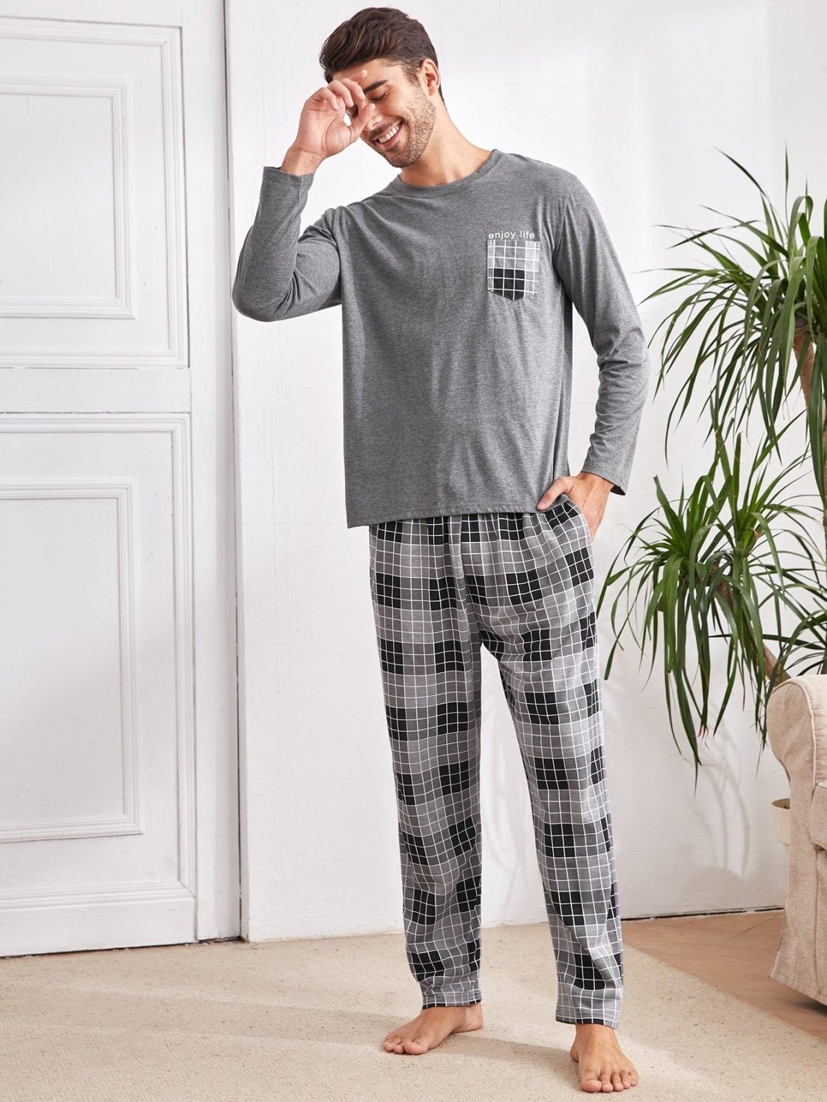 Round Neck Plaid Pocket Tee and Trousers Lounge Sleepwear Set