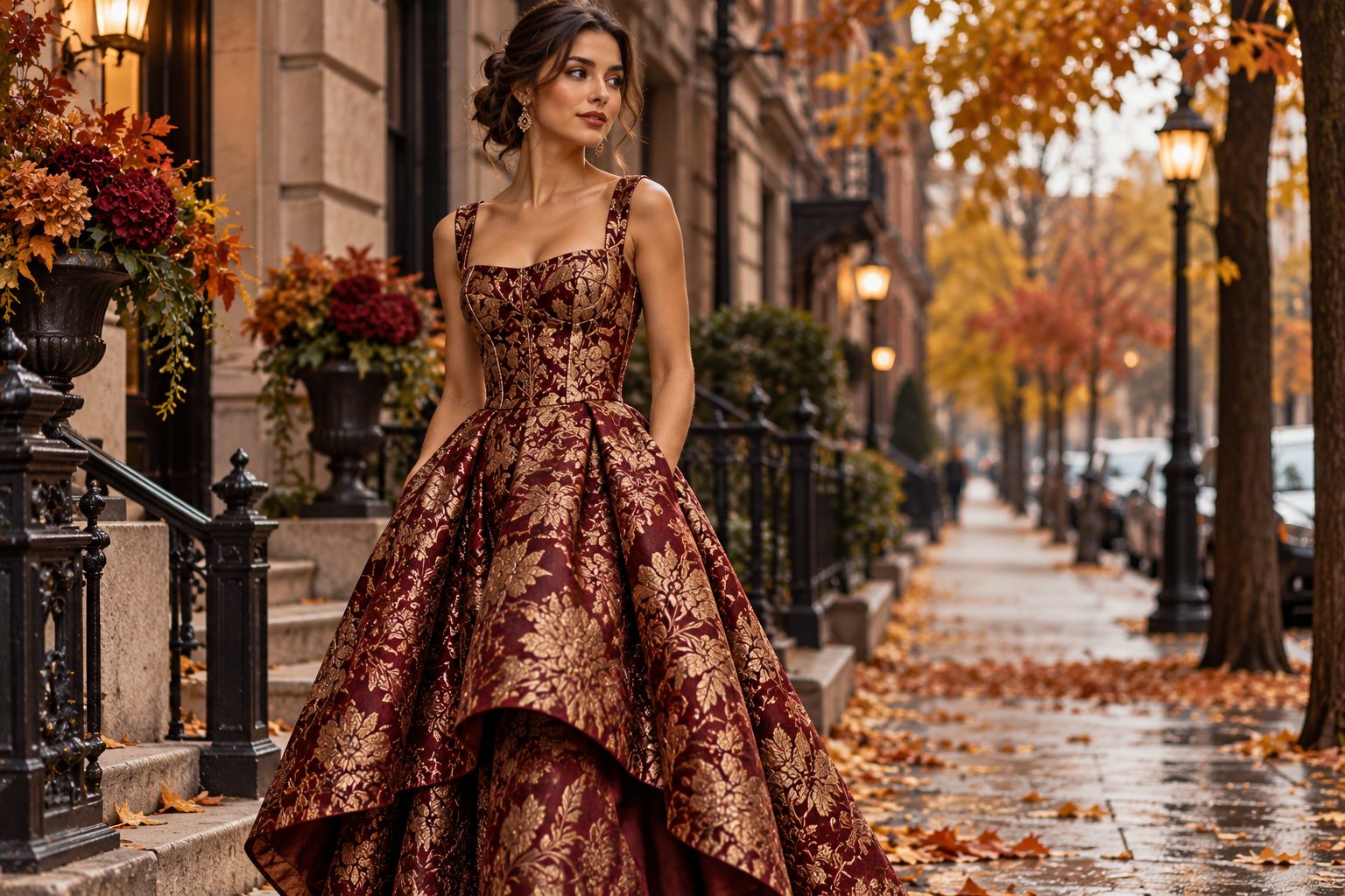 A woman in a dramatic brocade dress standing on a city street in autumn.