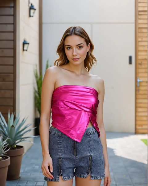 Party Strapless Mock Wrap Pleated Shimmer Fitted Tube Top