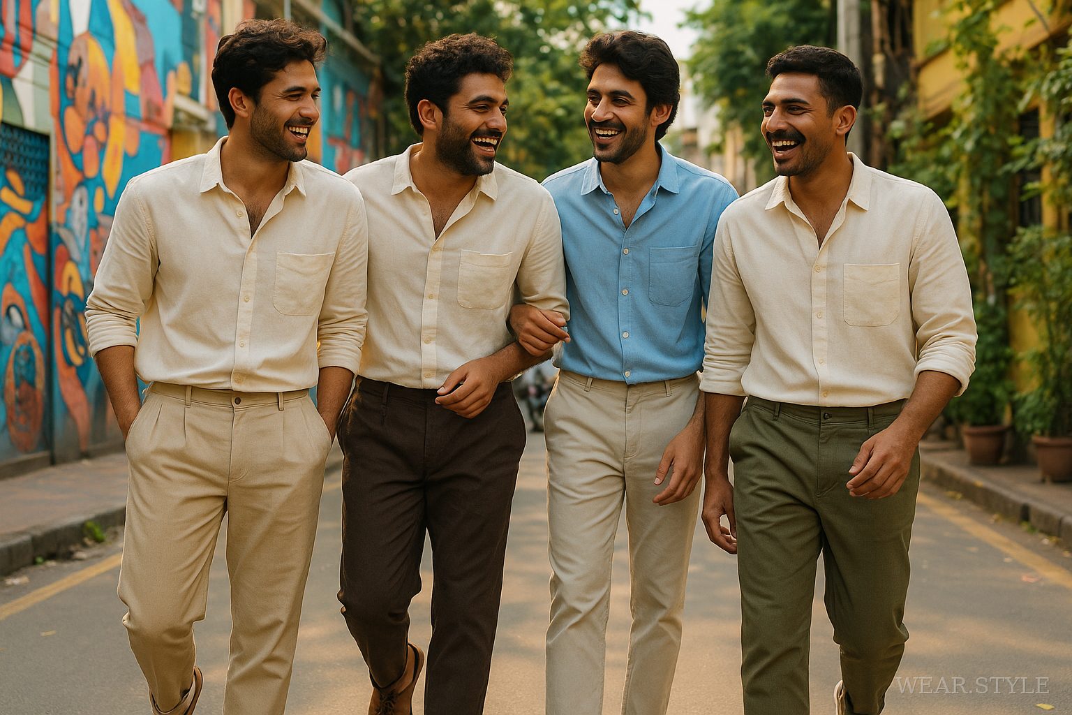 Indian male models in everyday menswear laughing together in a vibrant urban setting.