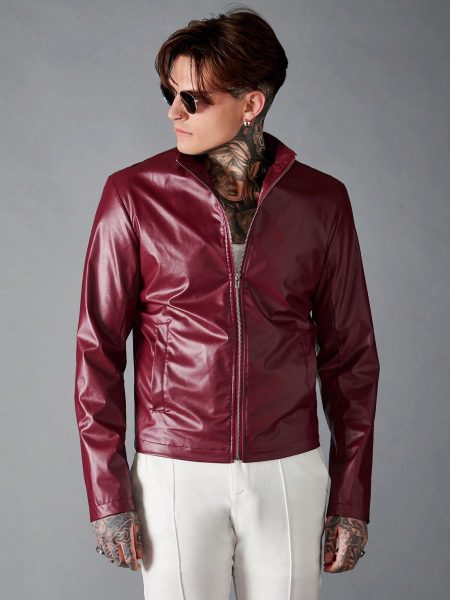 Maroon Funnel Neck Zip Up PU Leather Jacket