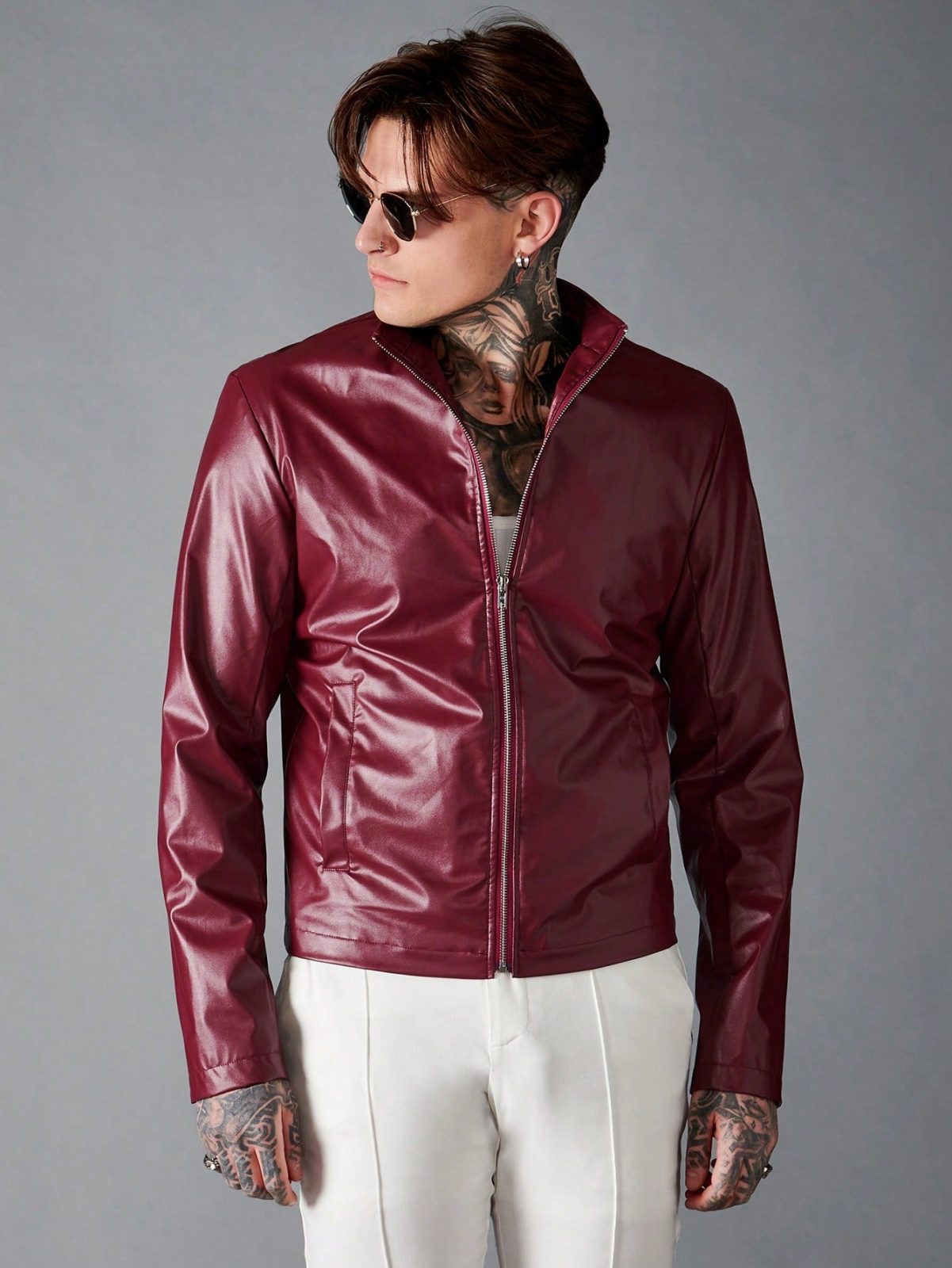 Maroon Funnel Neck Zip Up PU Leather Jacket