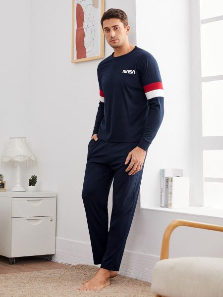 Round Neck Contrast Panel Letter Graphic Pyjama Sleepwear Set