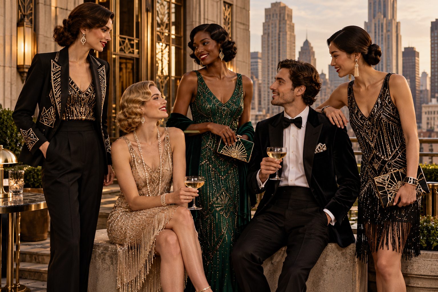 Group of models in Art Deco fashion, urban setting, warm overcast light.