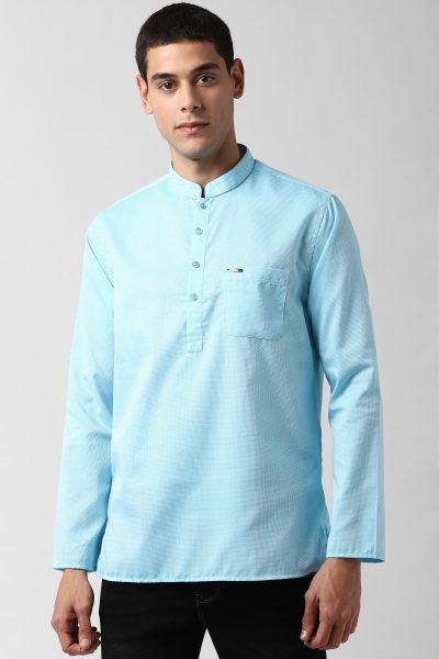 Blue Mandarin Collar Textured Straight Kurta