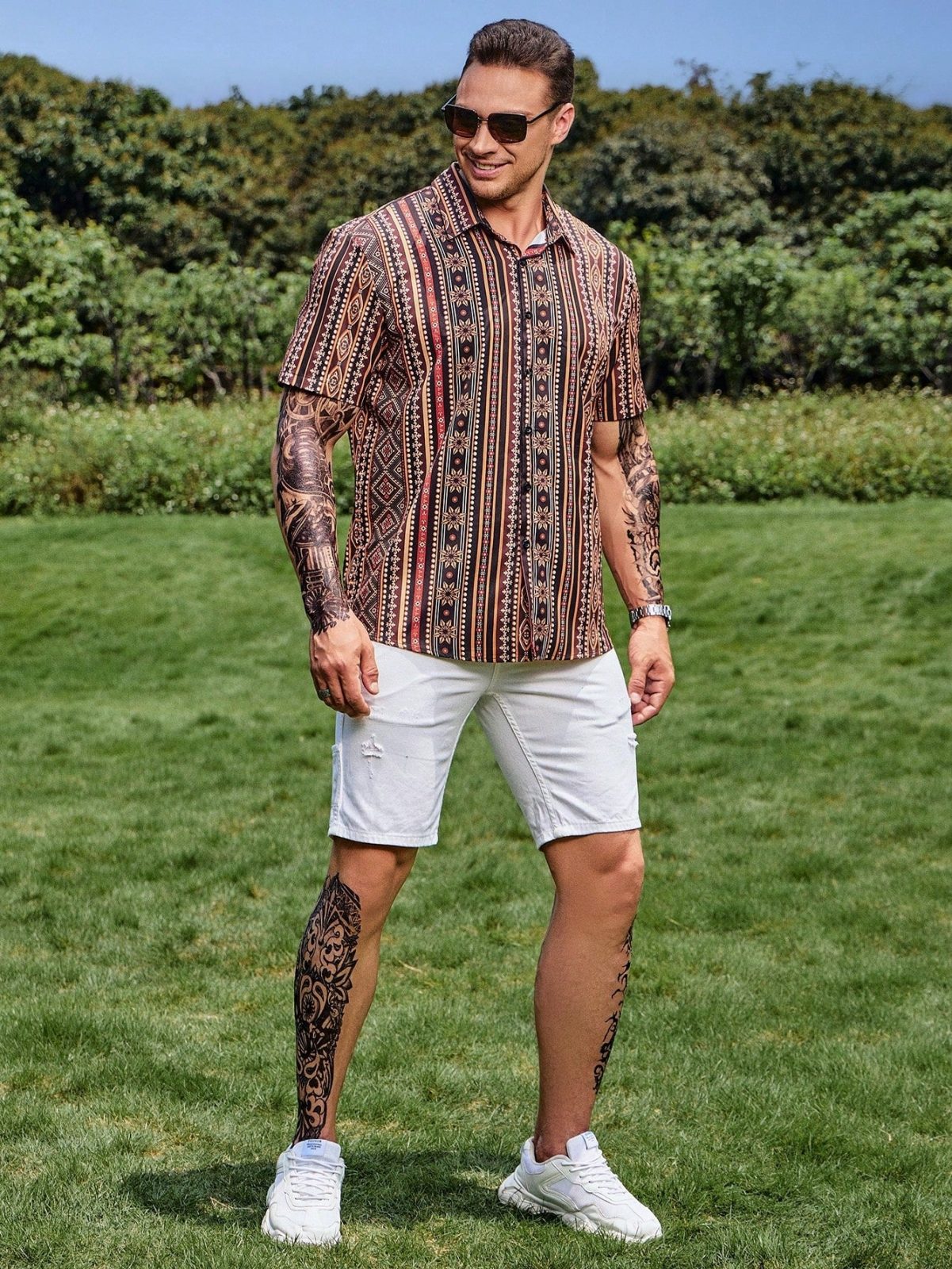 Button Front Short Sleeve Geo Print Shirt