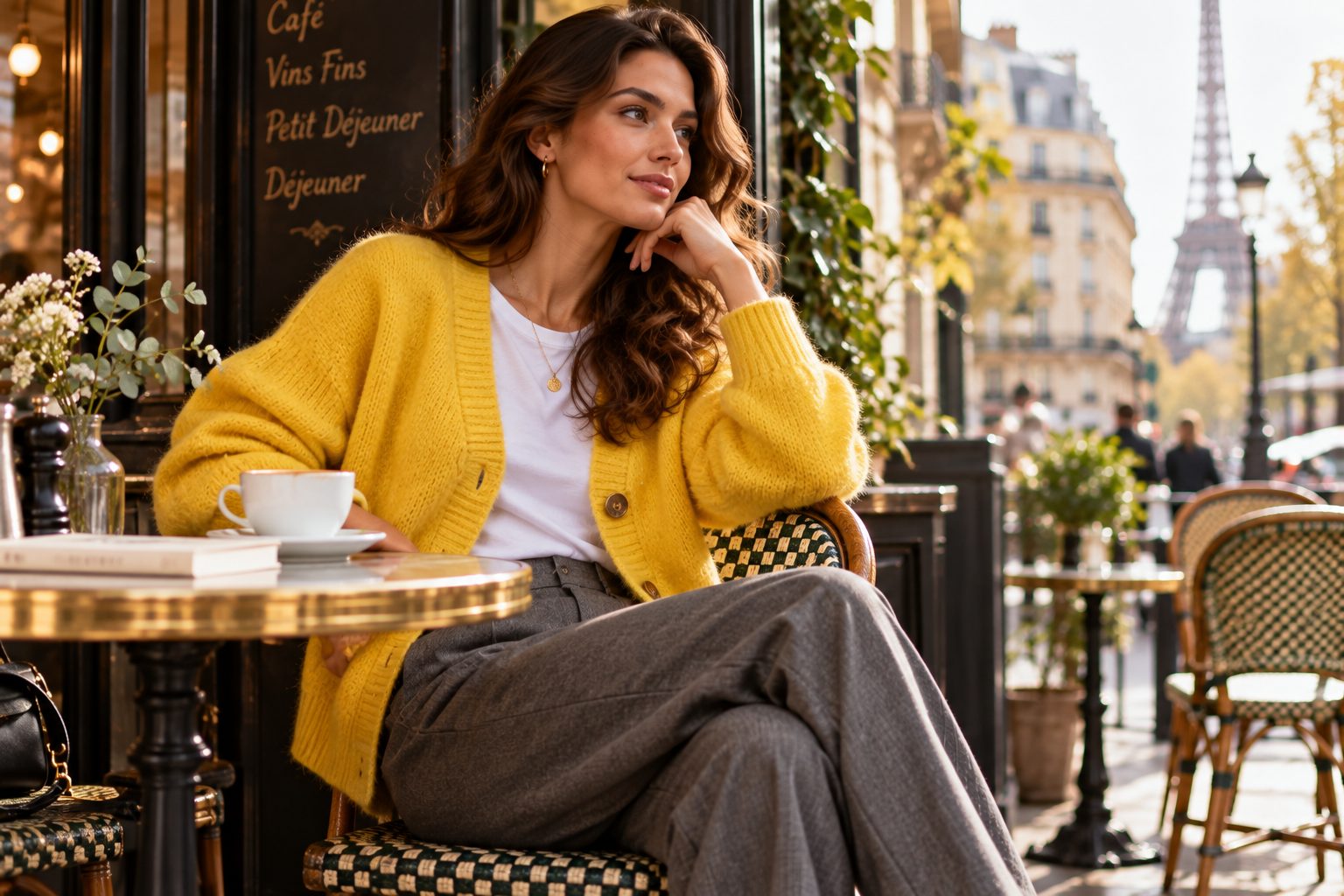 Model in vibrant yellow cardigan in a Paris café with natural light.