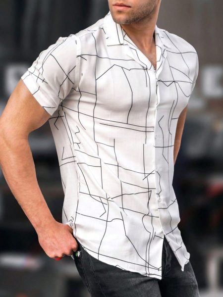 White Geo Print Short Sleeve Button Front Shirt