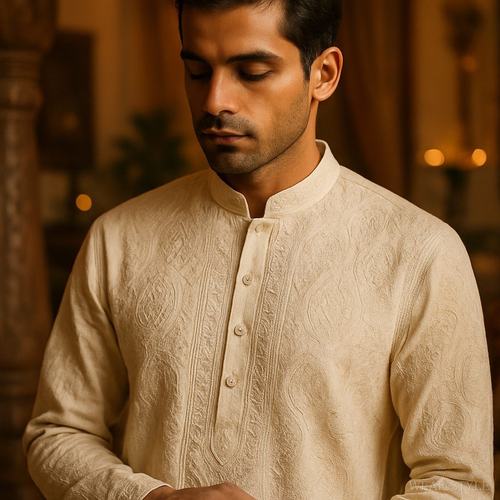 Close-up of male model in embroidered cotton kurta, highlighting quiet luxury.