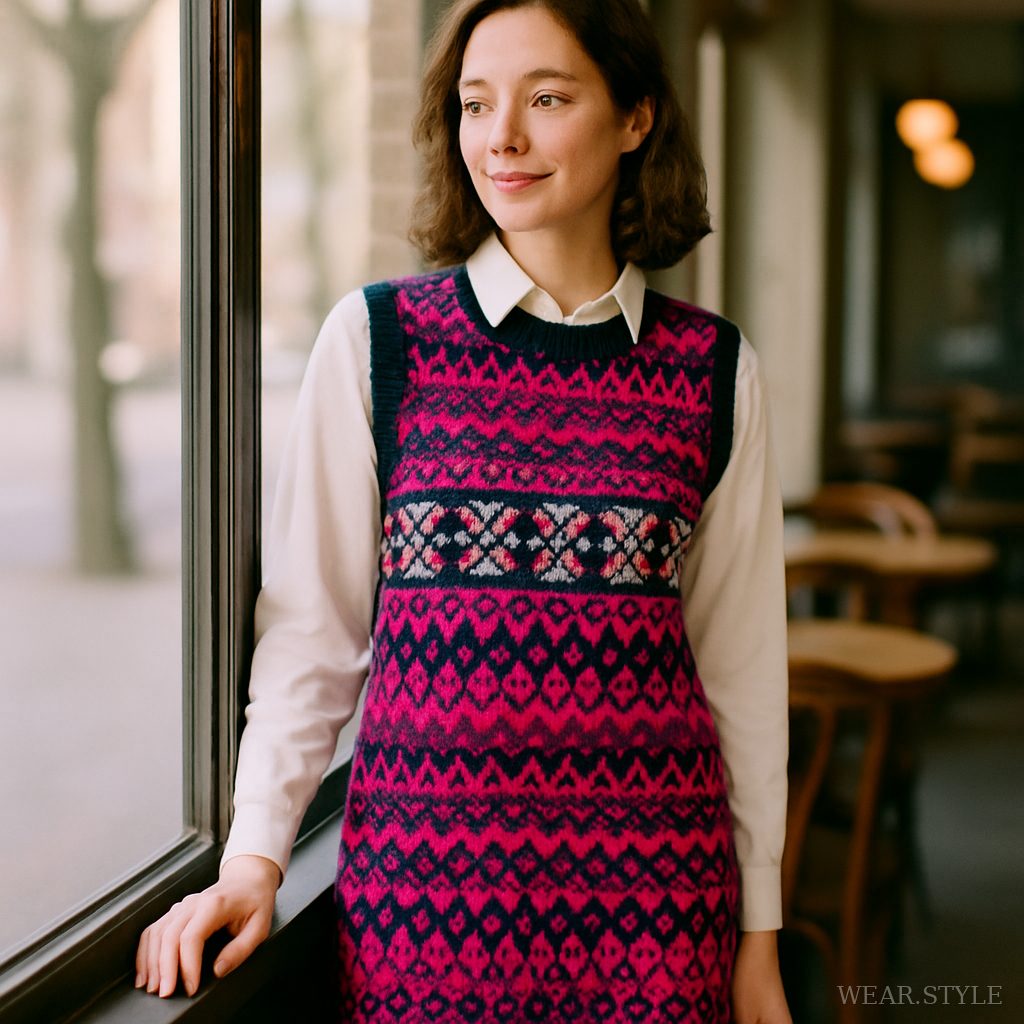 Model in a Fair Isle sweater dress at a café, captured in natural light.
