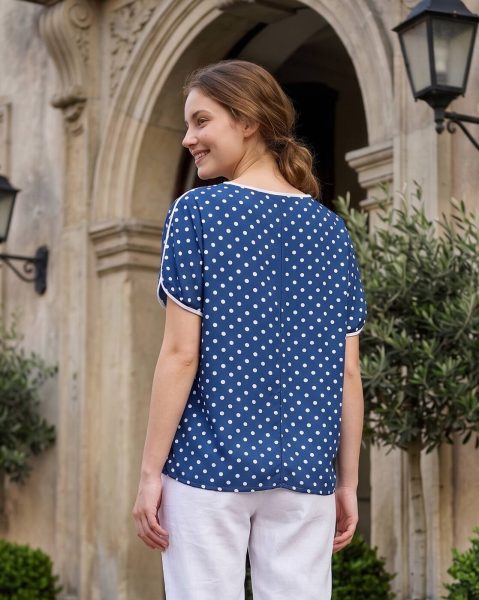 Contrast Trim Extended Sleeve Polka-Dot Print Top