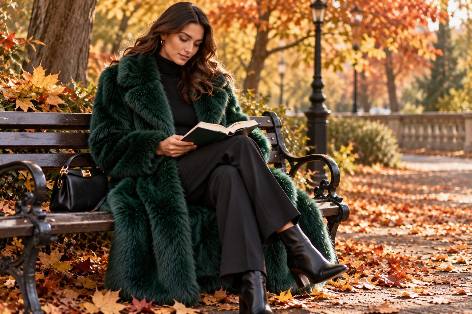 Model in emerald faux fur coat seated on a bench in an autumn park.