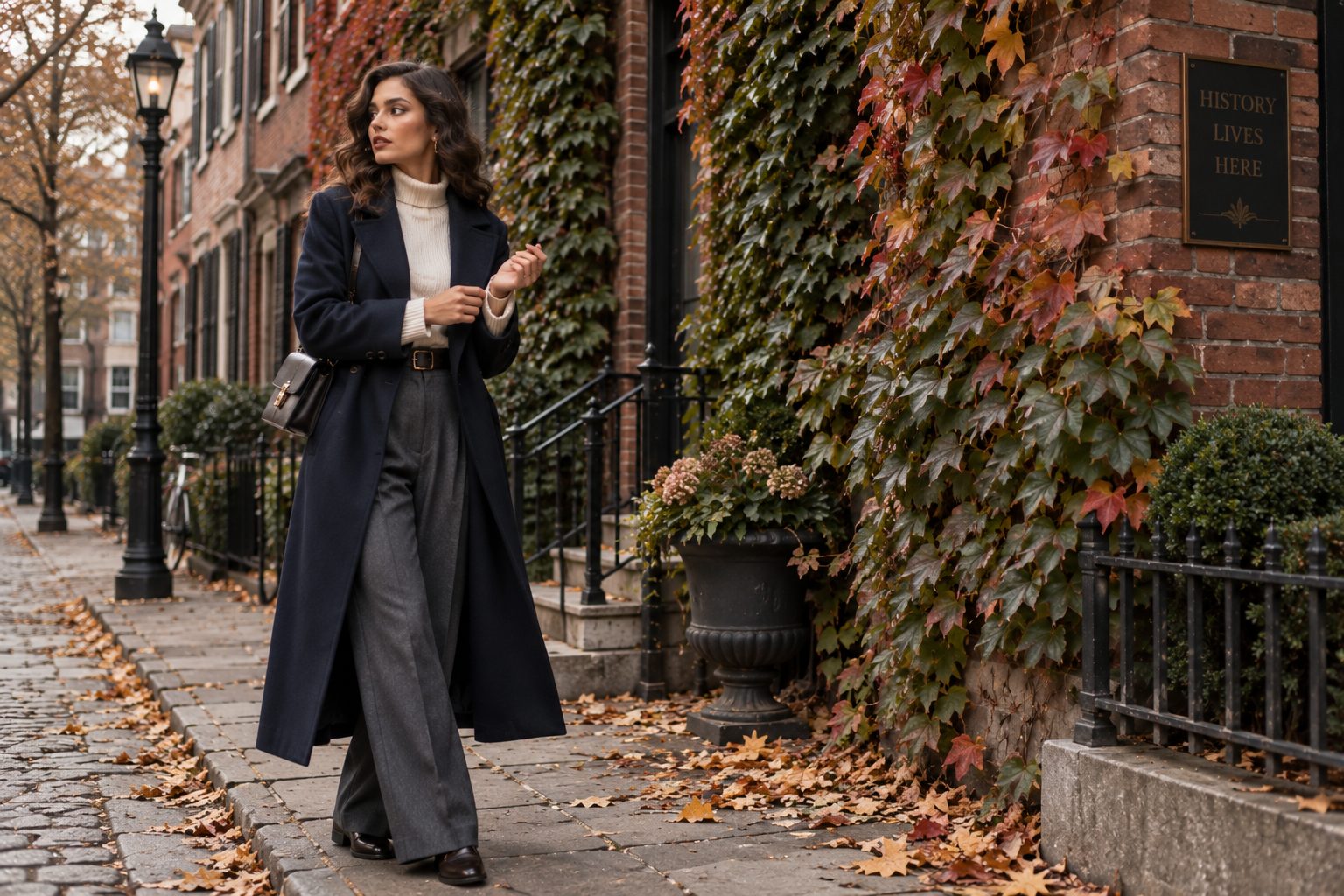 Model in deep navy overcoat against ivy-covered brick wall on an overcast day.