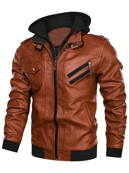 Zip Up Hooded PU Leather Jacket