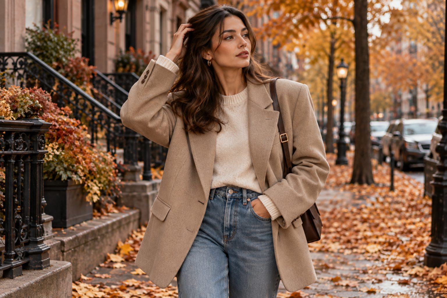 Model in an oversized beige blazer surrounded by autumn leaves in an urban setting.