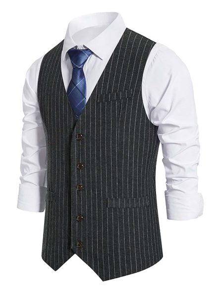 Black Pinstriped V-Neck Single Breasted Waistcoat