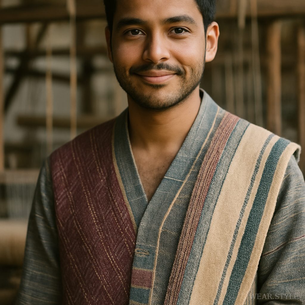 Close-up of model in handloom outfit, traditional weaving looms in background.