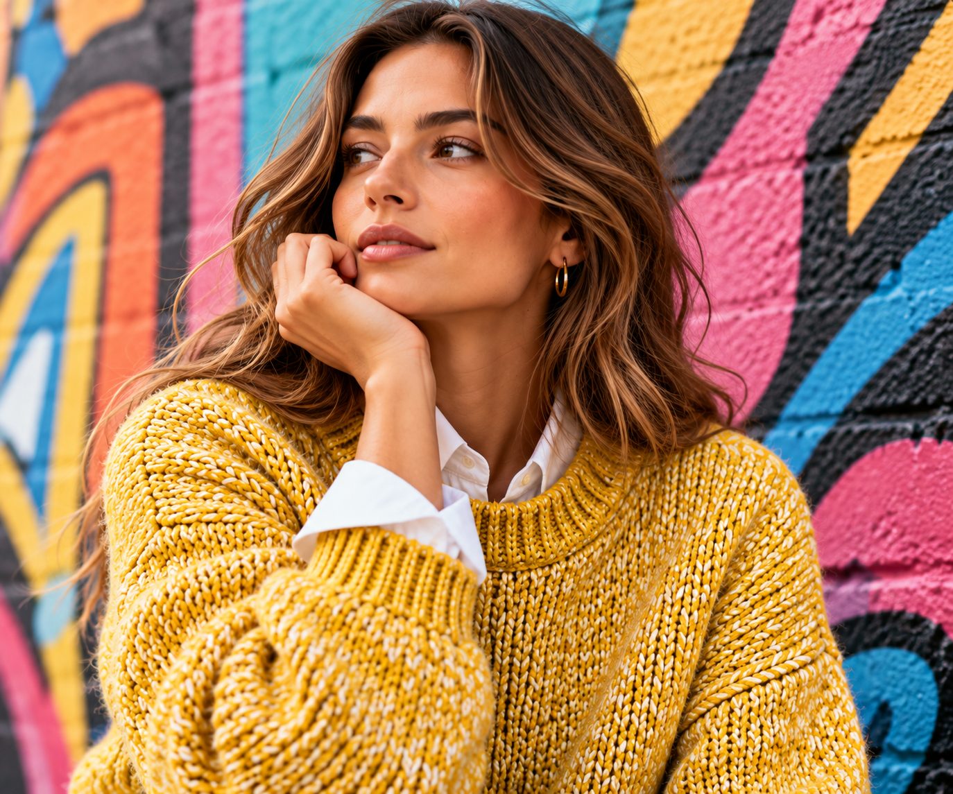 Close-up of model in vivid yellow marled knit sweater against colorful street art.