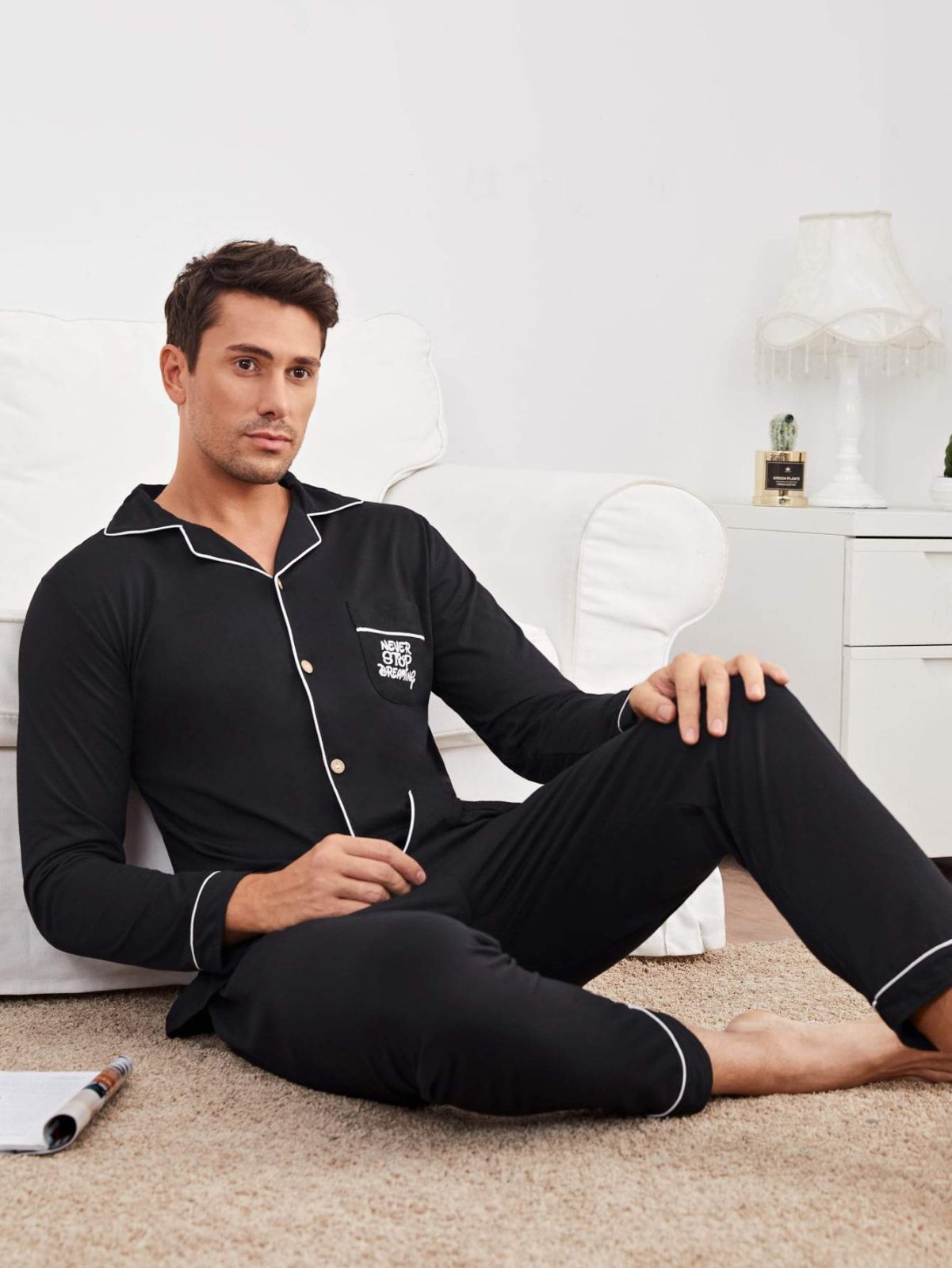 Slogan Graphic Button Front Lapel Collar Pyjama Sleepwear Set