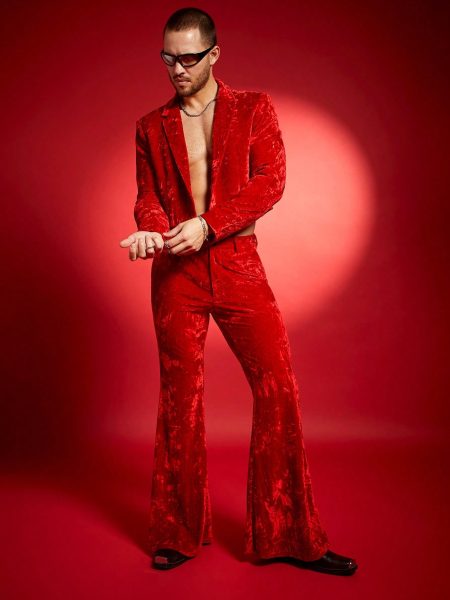 Red Fashionable Party Lapel Blazer with Bell-Bottom Trouser Suit Set
